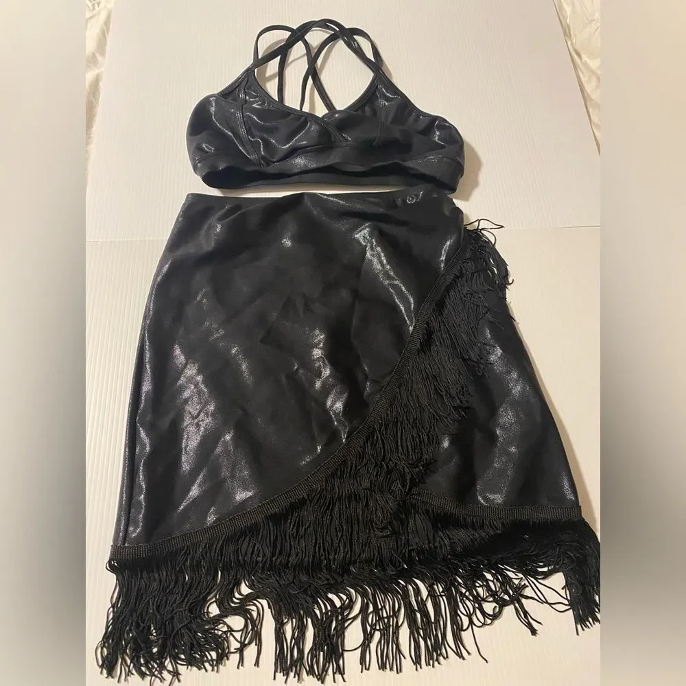 LA dance solo costume black metallic 2 piece fringe SAMBA SKIRT SA-Small adult